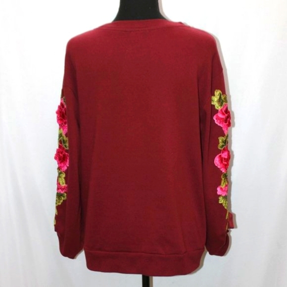 Hannah Burgundy Sweatshirt with Embroidery Floral Sleeves - Picture 6 of 12